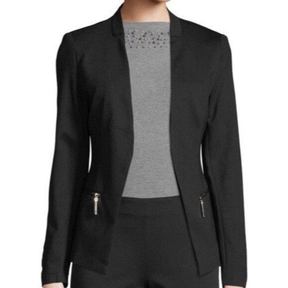 CARMEN Carmen Marc Valvo Black Open-Front Blazer Jacket w/ Zip Pockets  - 8 - Picture 1 of 5